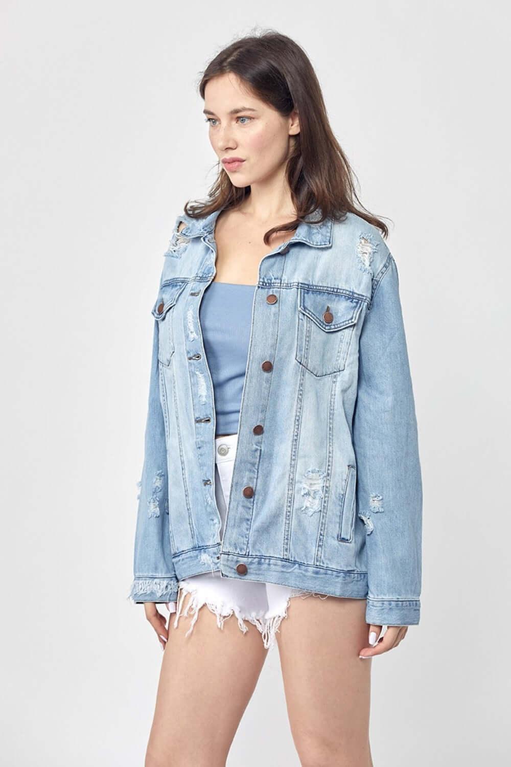 RISEN Full Size Distressed Long Sleeve Denim Jacket Plus Size