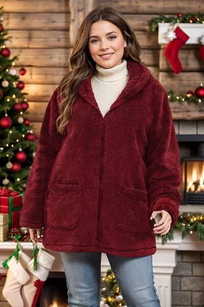 Plus Size Zip Up Long Sleeve Hooded Outerwear - Clothes For Her Online Store