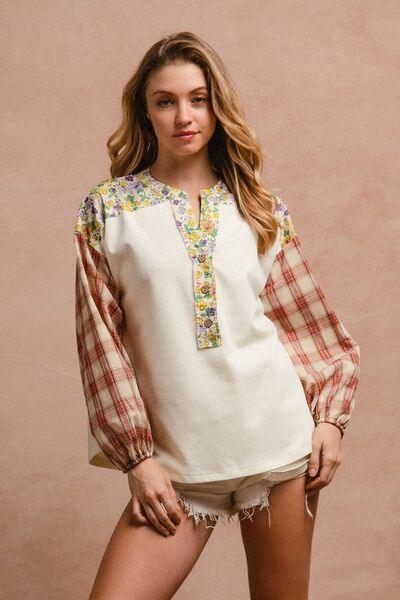 BiBi Floral Notched Plaid Balloon Sleeve Top - Clothes For Her Online Store