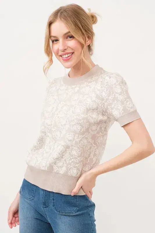 And The Why Short Sleeve Rose Pattern Knit Top - Clothes For Her Online Store