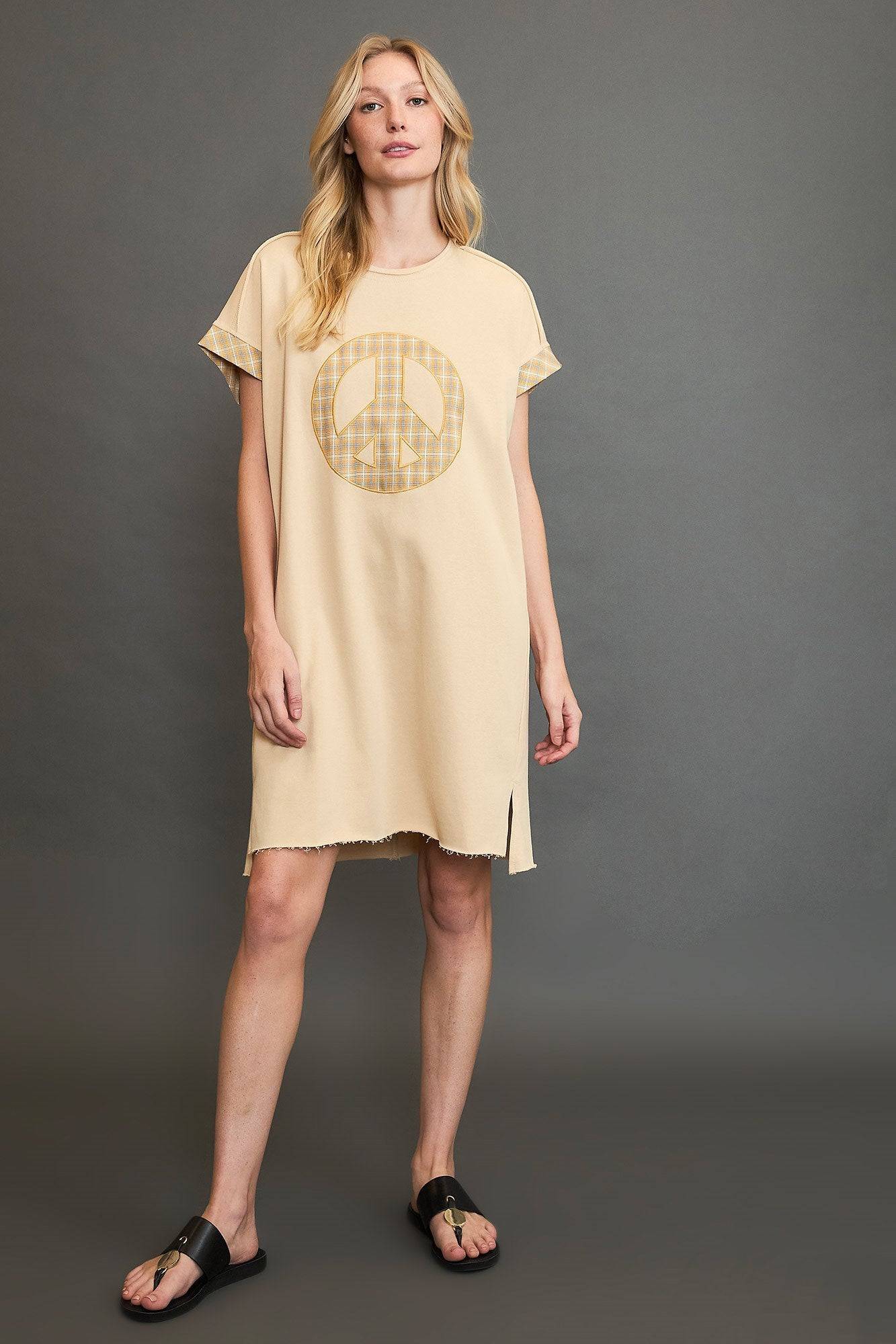Umgee Peace Plaid Applique Short Sleeve Mini Dress - Clothes For Her Online Store