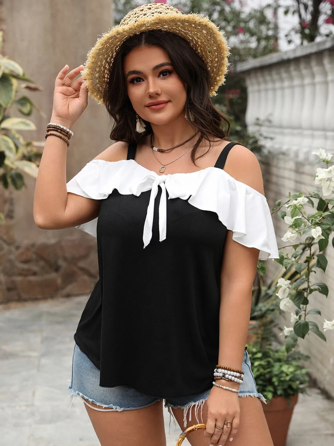 Plus Size Ruffled Contrast Short Sleeve Blouse