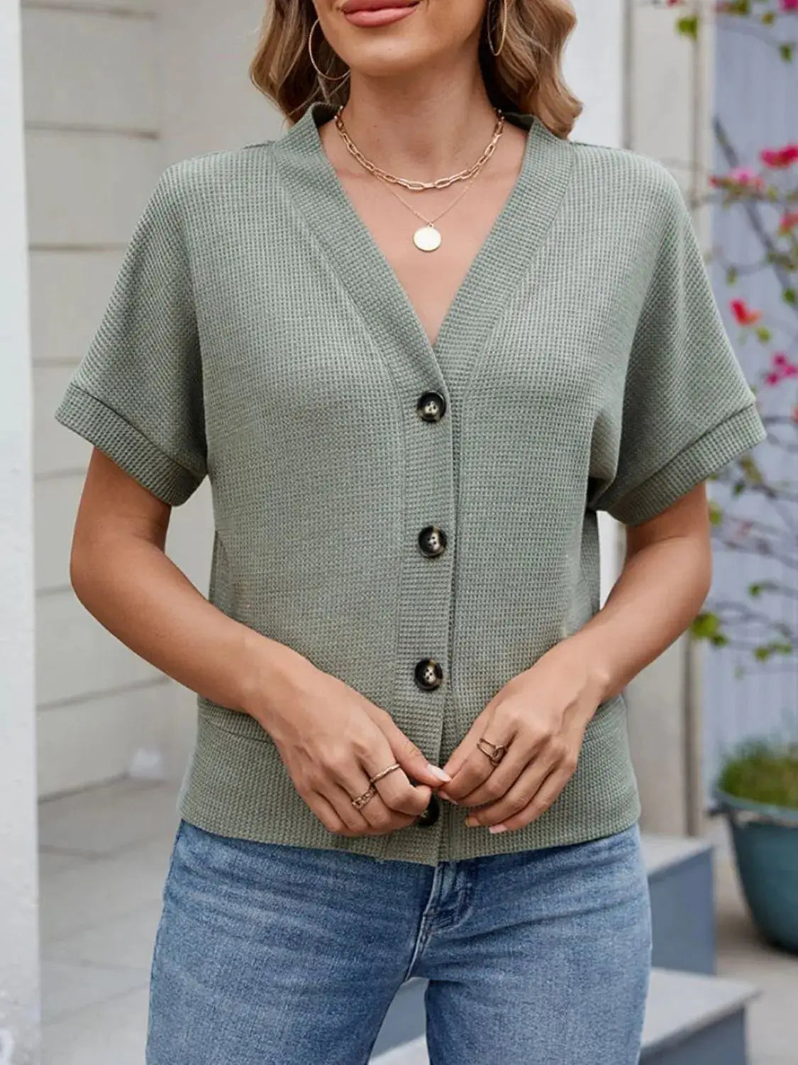 Waffle Knit Button Down Short Sleeve Top - Clothes For Her Online Store