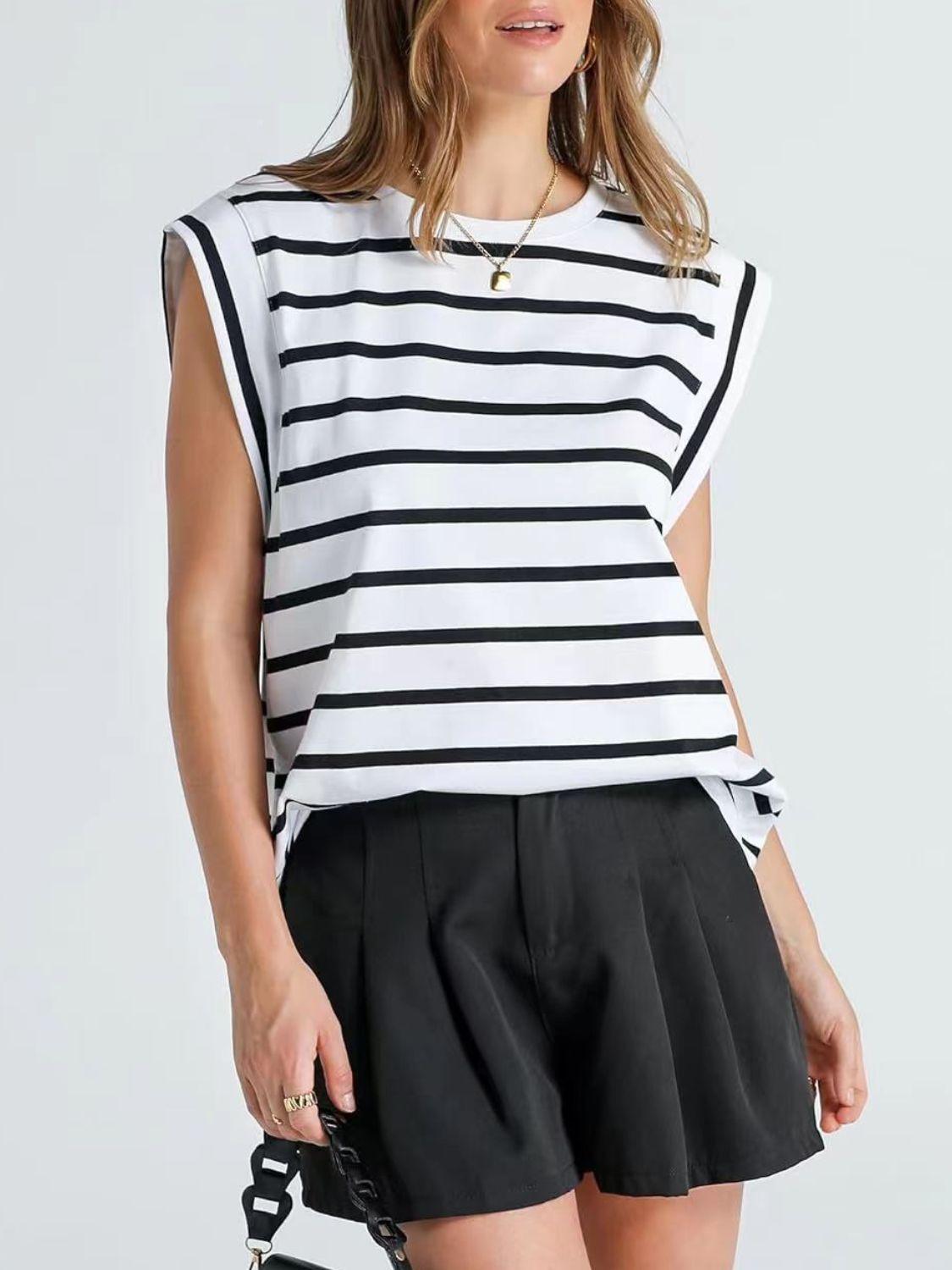 Florira Striped Round Neck Cap Sleeve T-Shirt