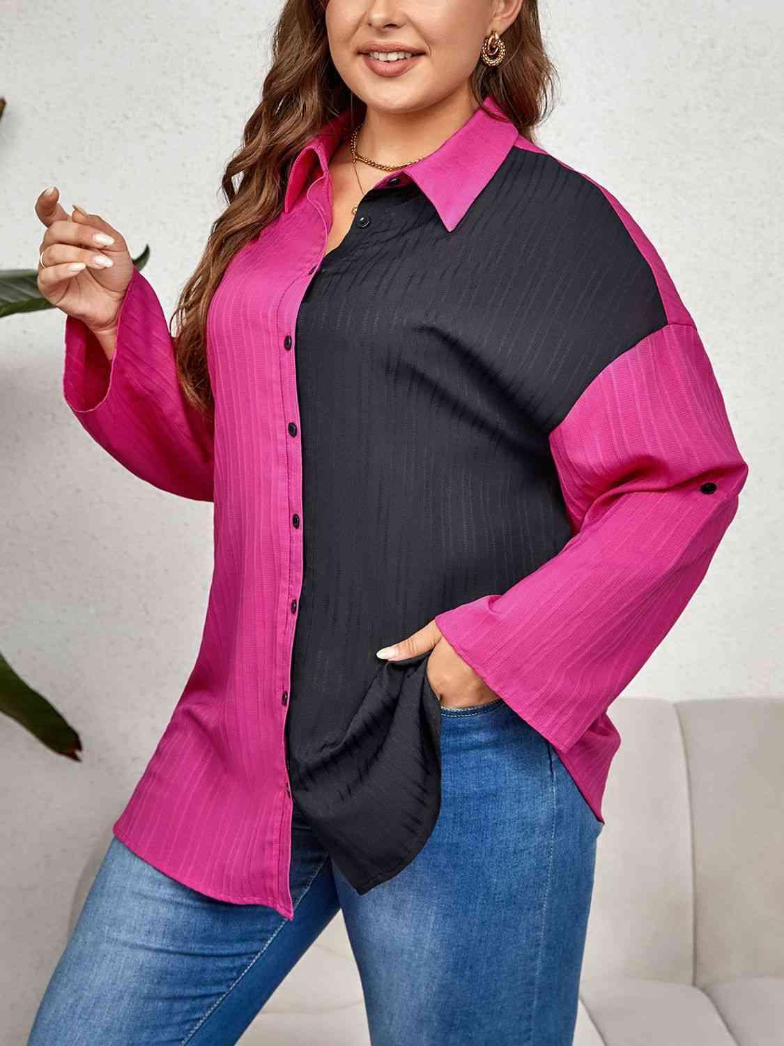 Honey Plus Size Contrast Color Roll-Tap Sleeve Shirt