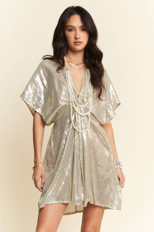 Davi & Dani Sequin Plunge Neck Knot Cut Out Tie Back Party Dress