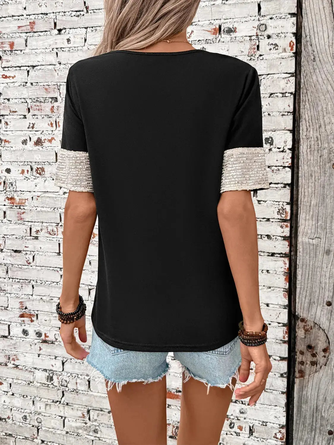 Sequin V-Neck Short Sleeve T-Shirt - Clothes For Her Online Store