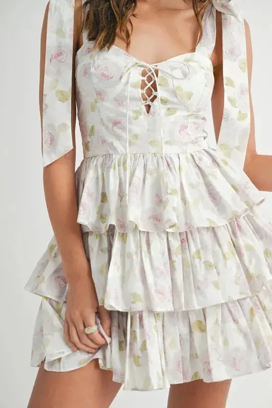 MABLE Floral Print Shoulder Tie Layered Mini Dress - Clothes For Her Online Store