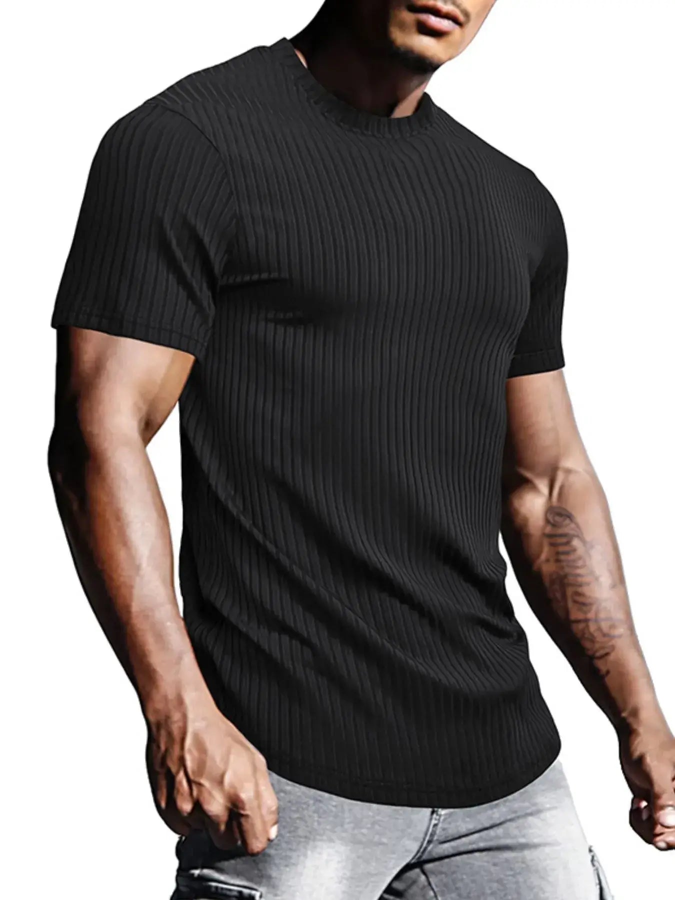 Men's Full Size Ribbed Knit Short Sleeve Round Neck T-Shirt Plus Size