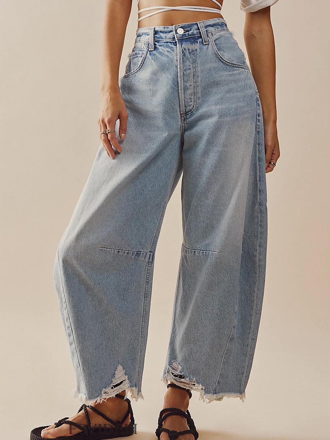 Raw Hem Wide Leg Jeans with Pockets - Clothes For Her Online Store