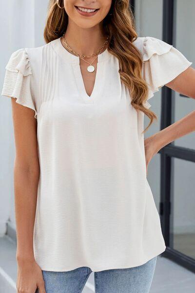 Ruffled Notched Short Sleeve Blouse - Clothes For Her Online Store