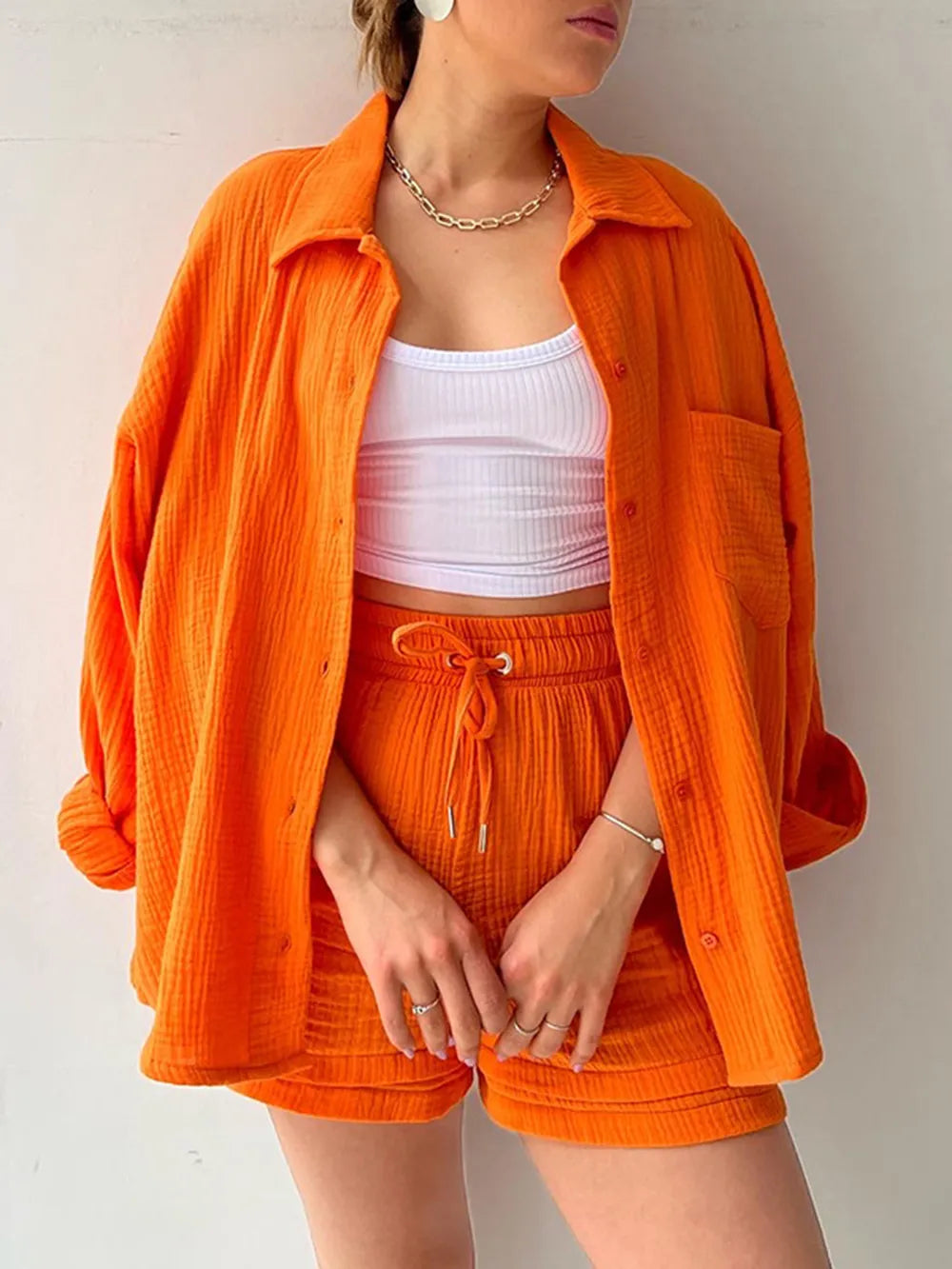 Texture Button Up Shirt and Drawstring Shorts Set - Clothes For Her Online Store