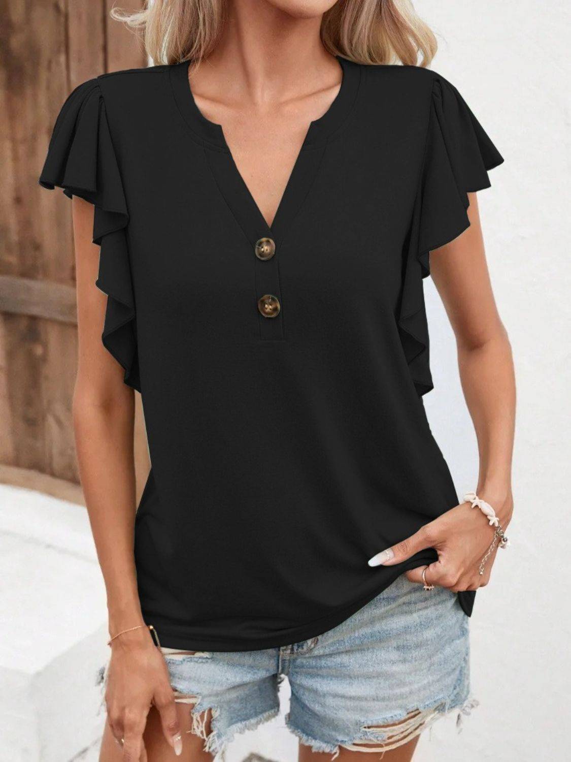 Full Size Ruffled Notched Cap Sleeve T-Shirt - Clothes For Her Online Store