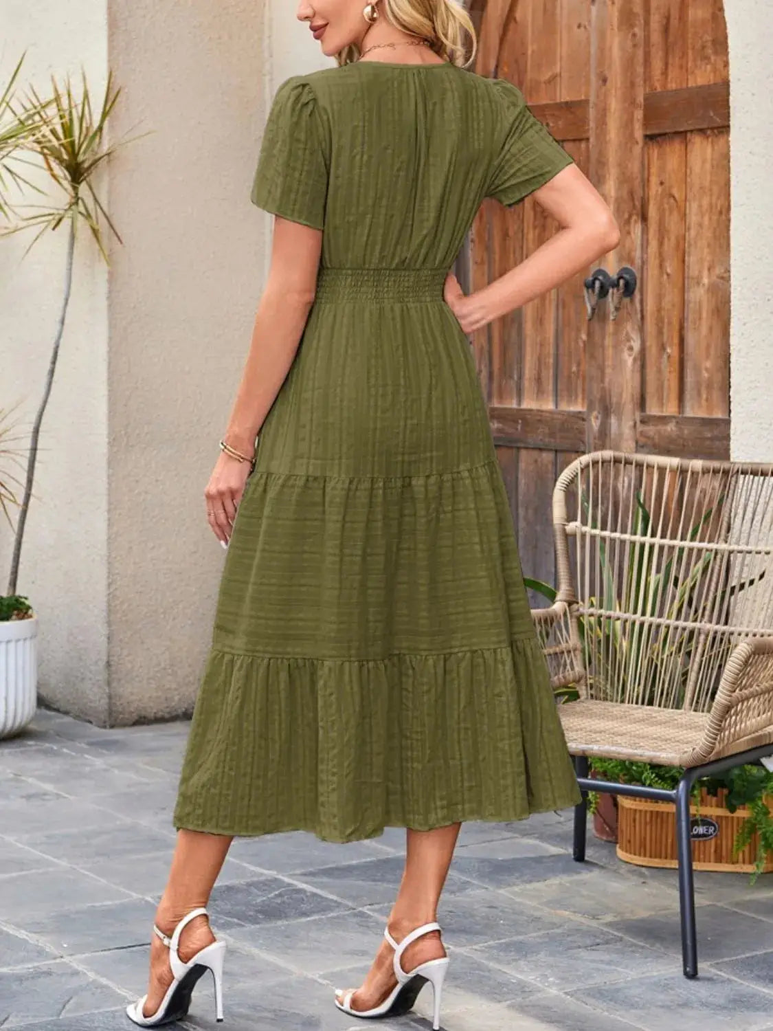 Tiered Notched Short Sleeve Dress - Clothes For Her Online Store