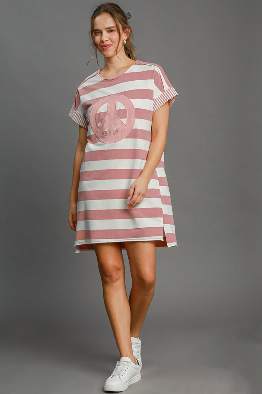 Umgee Peace Applique Striped Short Sleeve Mini Dress - Clothes For Her Online Store