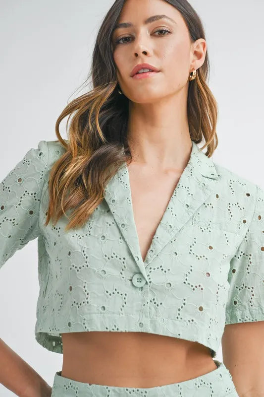 MABLE Eyelet Short Sleeve Crop Top and Shorts Set - Clothes For Her Online Store