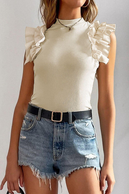 Ruffle Flutter Sleeve Mock Neck Ribbed Top - Clothes For Her Online Store
