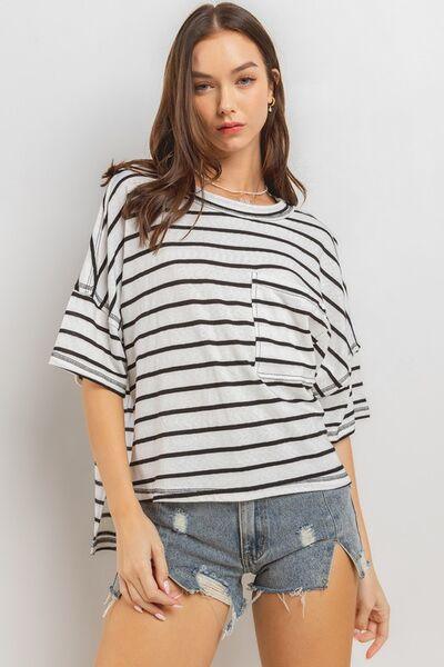 Ces Femme Side Slit Striped Round Neck Half Sleeve T-Shirt - Clothes For Her Online Store