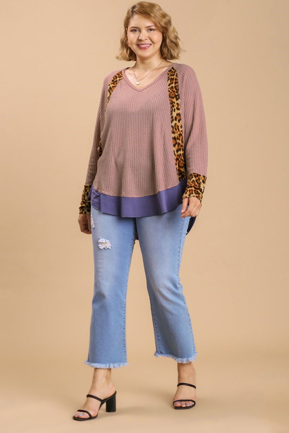 Umgee Full Size Leopard High-Low Dolman Sleeve Waffle Knit Top Plus Size - Clothes For Her Online Store