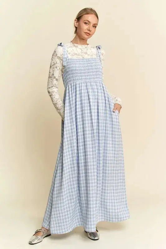 Davi & Dani Plaid Smocking Sleeveless Maxi Dress - Clothes For Her Online Store