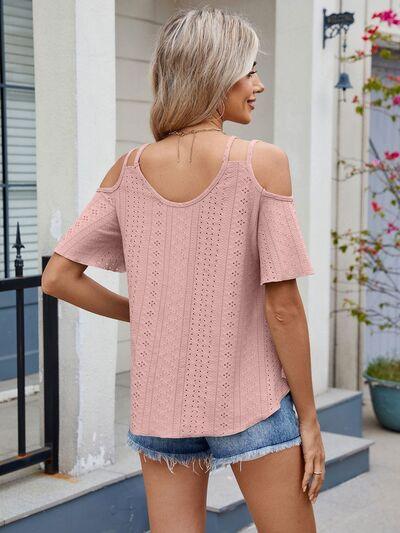 Florira Round Neck Cold Shoulder Eyelet T-Shirt