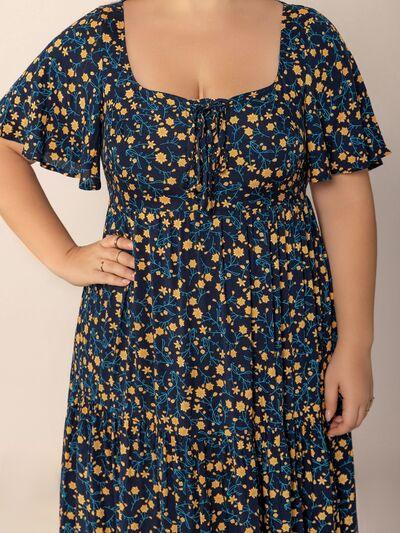 Plus Size Printed Short Sleeve Slit Tiered Maxi Dress