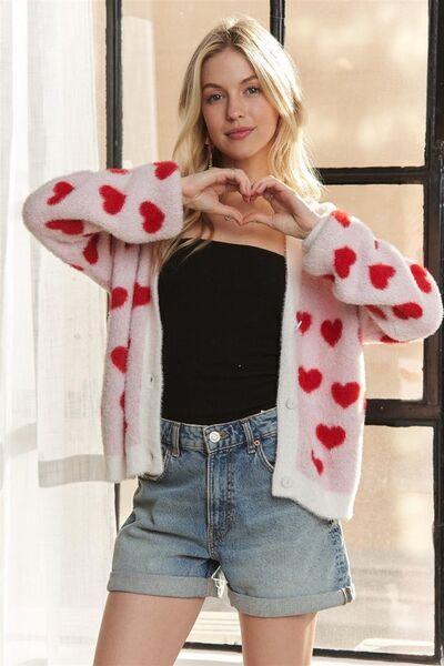 ADORA Fuzzy Heart Button Down Cardigan - Clothes For Her Online Store
