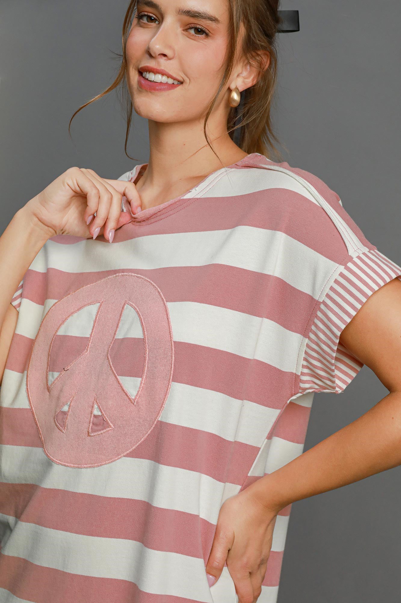 Umgee Peace Applique Striped Short Sleeve Mini Dress - Clothes For Her Online Store