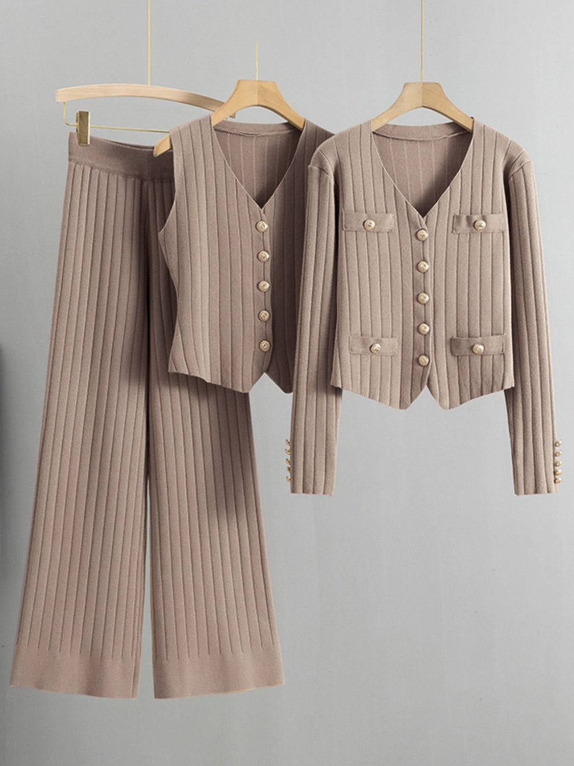 V-Neck Tank, Cardigan and Pants Three-Piece Sweater Set - Clothes For Her Online Store