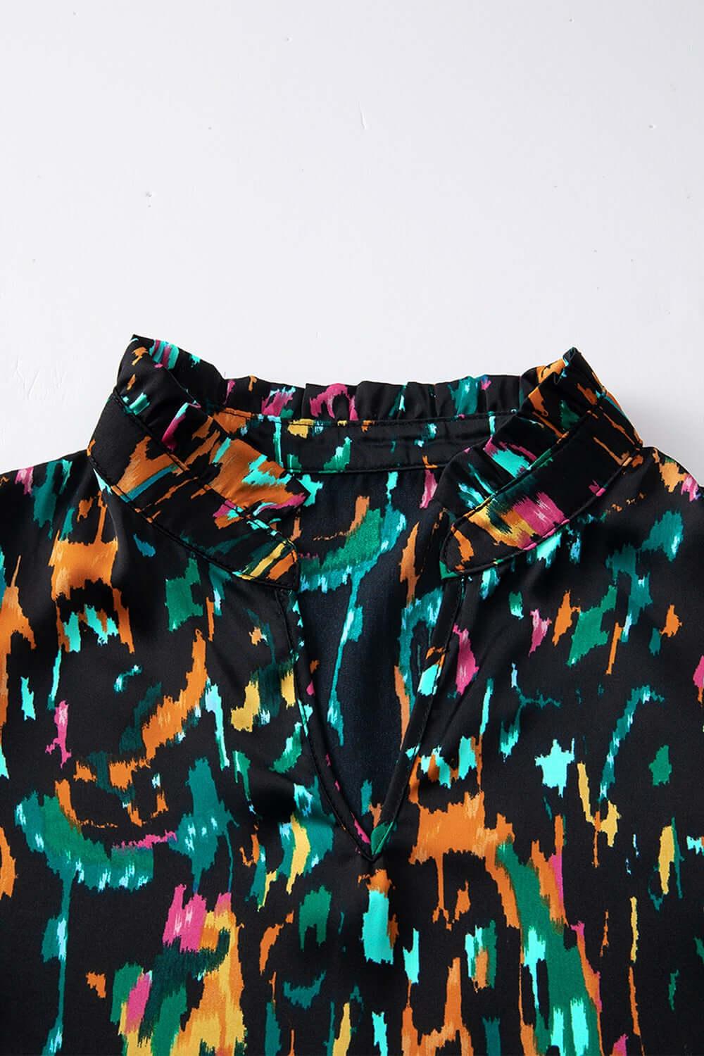 Abstract Print 3/4 Sleeve Ruffle Blouse