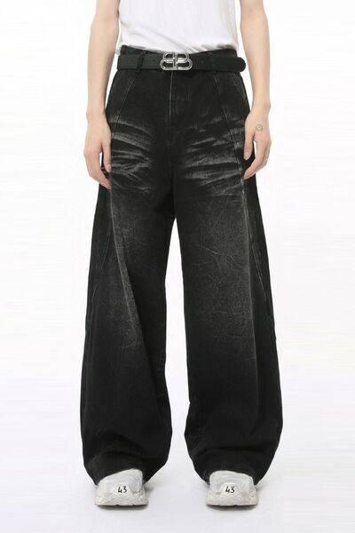 Washed Cat Whiskered Wide Leg Jeans