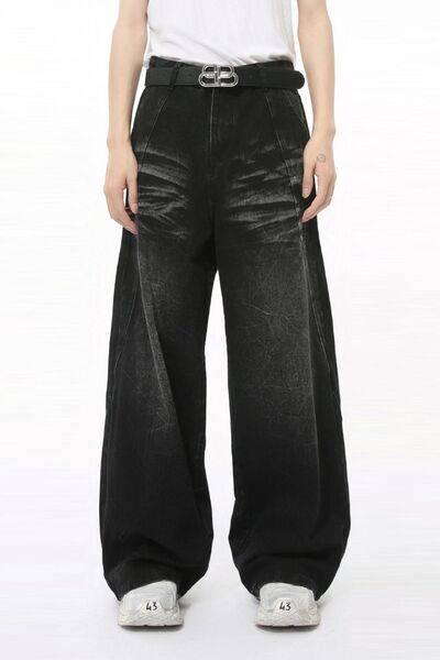 Washed Cat Whiskered Wide Leg Jeans - Clothes For Her Online Store