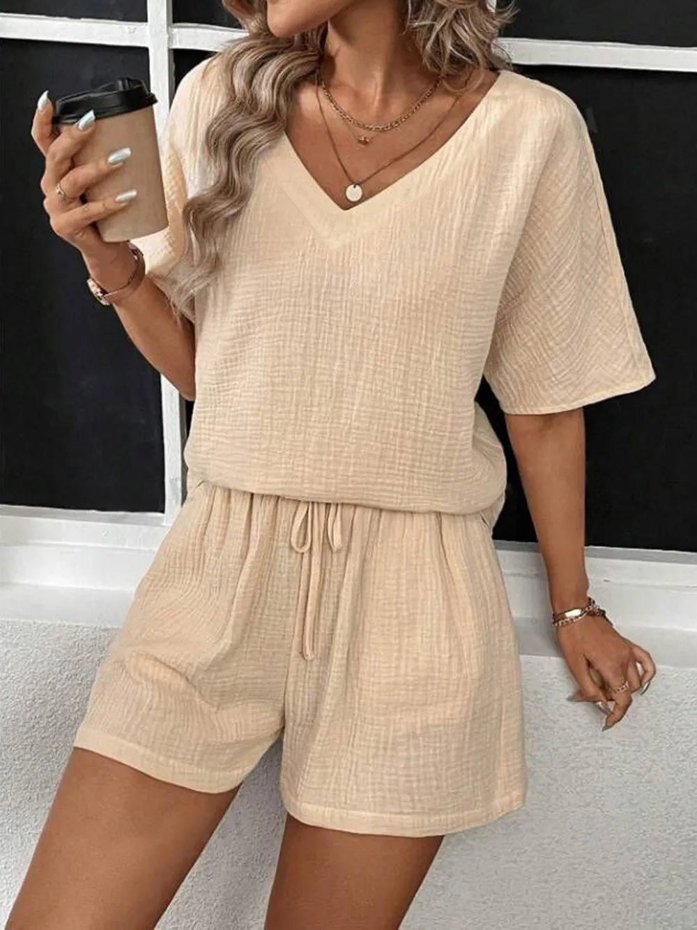 V-Neck Half Sleeve Top and Shorts Set - Clothes For Her Online Store