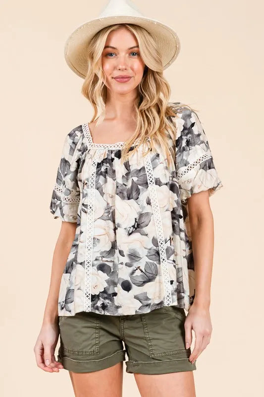 Lime 'N' Chili Floral Print Lace Trim Puff Sleeve Blouse
