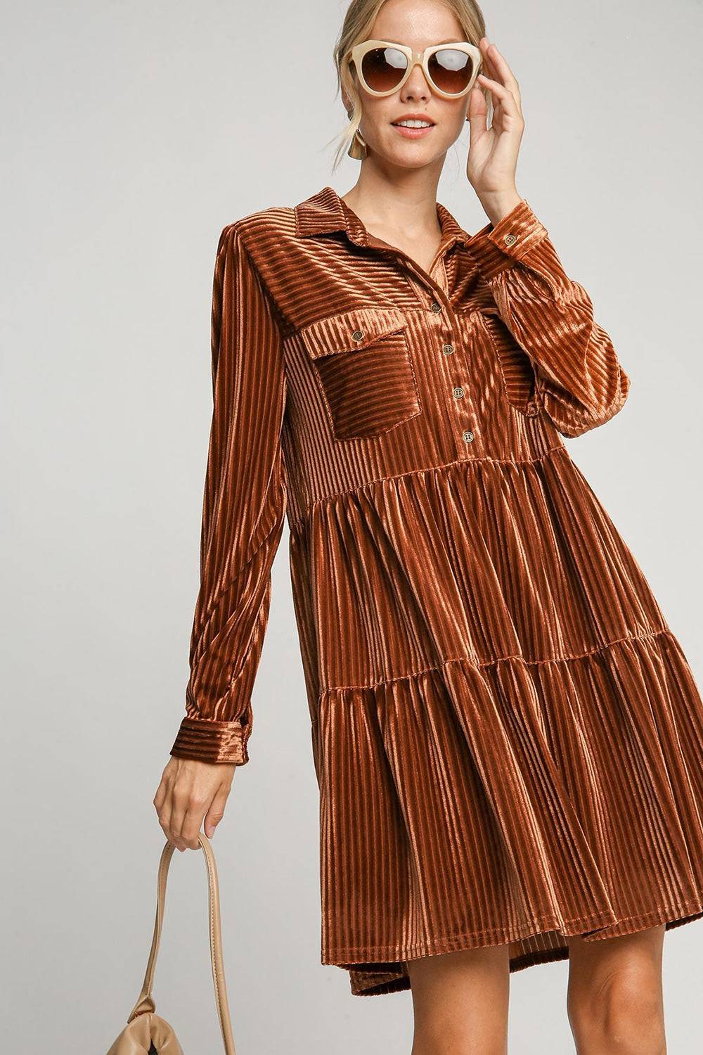 Umgee Texture Tiered Collared Long Sleeve Dress - Clothes For Her Online Store