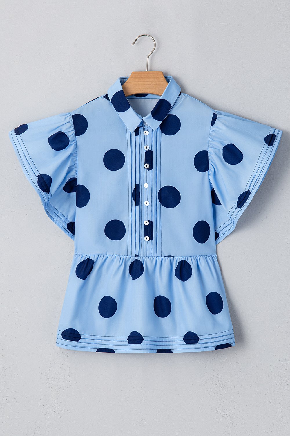 Polka Dot Print Ruffled Short Sleeve Buttoned Collared Blouse