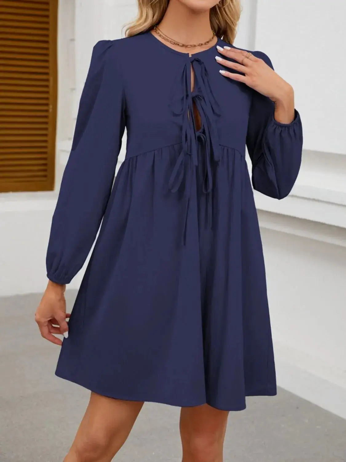 Tie Front Long Sleeve Mini Dress - Clothes For Her Online Store