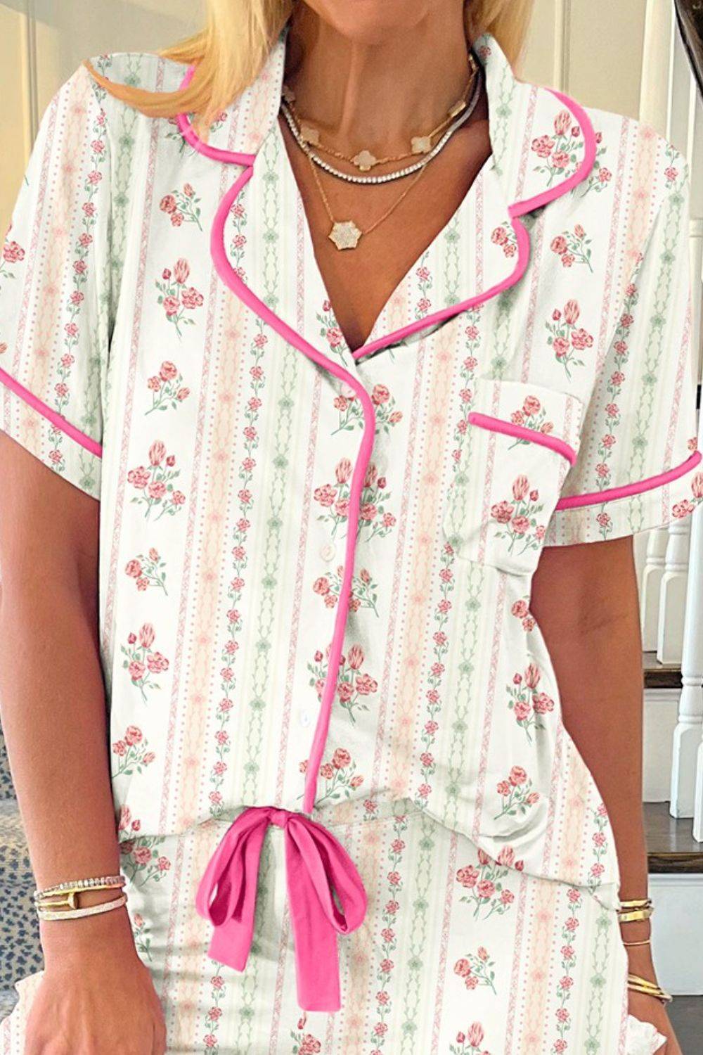 Printed Button Up Short Sleeve Top and Shorts Lounge Set