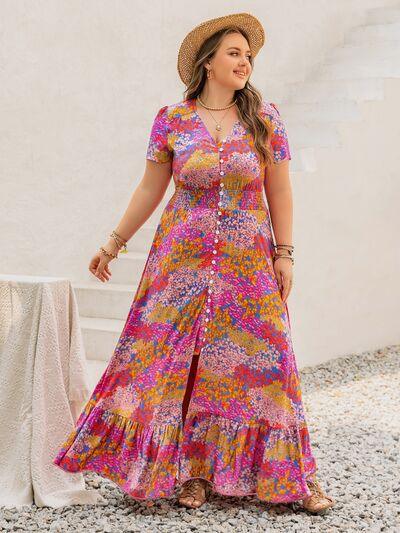 Plus Size Button Up Printed Short Sleeve Maxi Dress - Clothes For Her Online Store