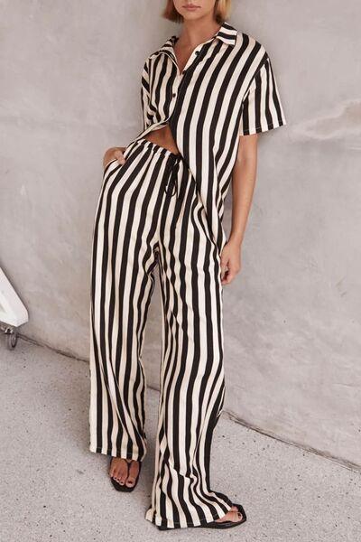 Striped Collared Neck Half Sleeve Top and Pants Set - Clothes For Her Online Store