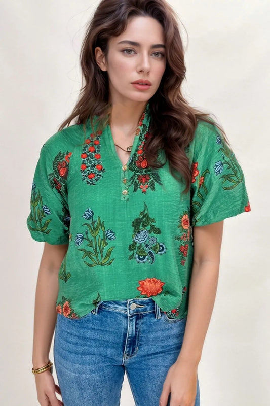 Floral Print Notched Short Sleeve Blouse - Clothes For Her Online Store