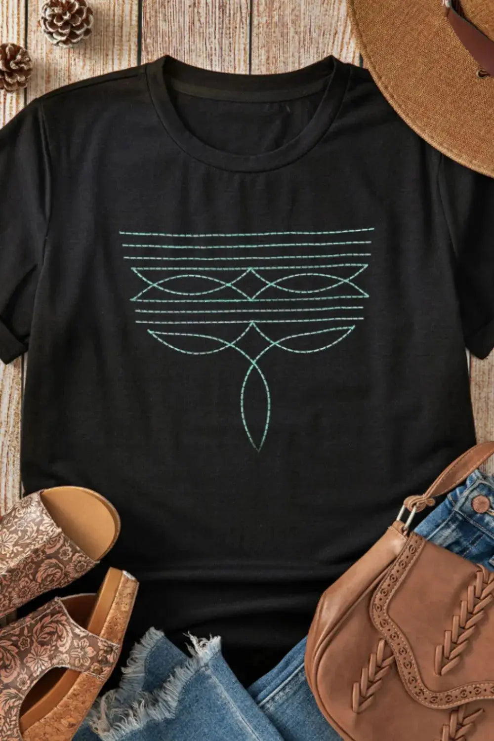 Embroidered Round Neck Short Sleeve T-Shirt - Clothes For Her Online Store