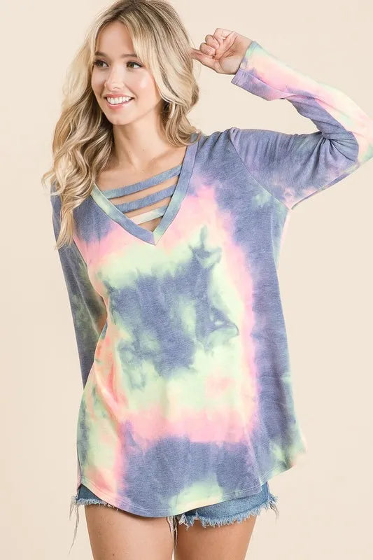 BiBi Tie Dye French Terry V-Neck Top with Strapped