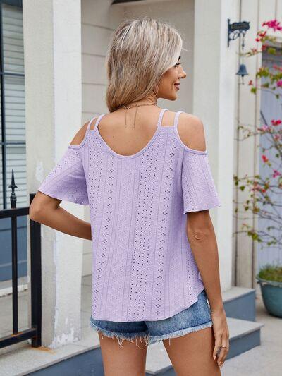 Florira Round Neck Cold Shoulder Eyelet T-Shirt