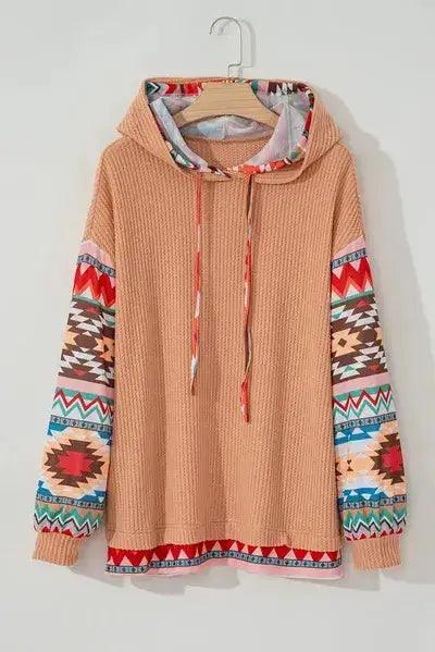Plus Size Drawstring Geometric Long Sleeve Hoodie - Clothes For Her Online Store