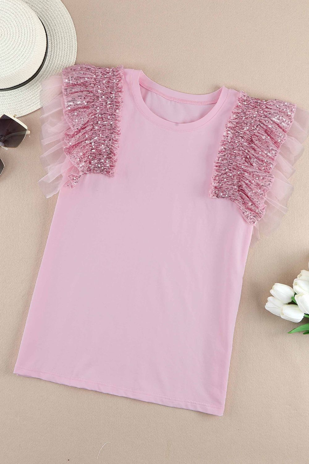 Sequined Ruffle Mesh Sleeves Top