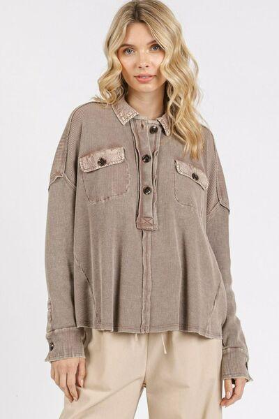 Mittoshop Mineral Wash Waffle Knit Collared Neck Henley Top - Clothes For Her Online Store