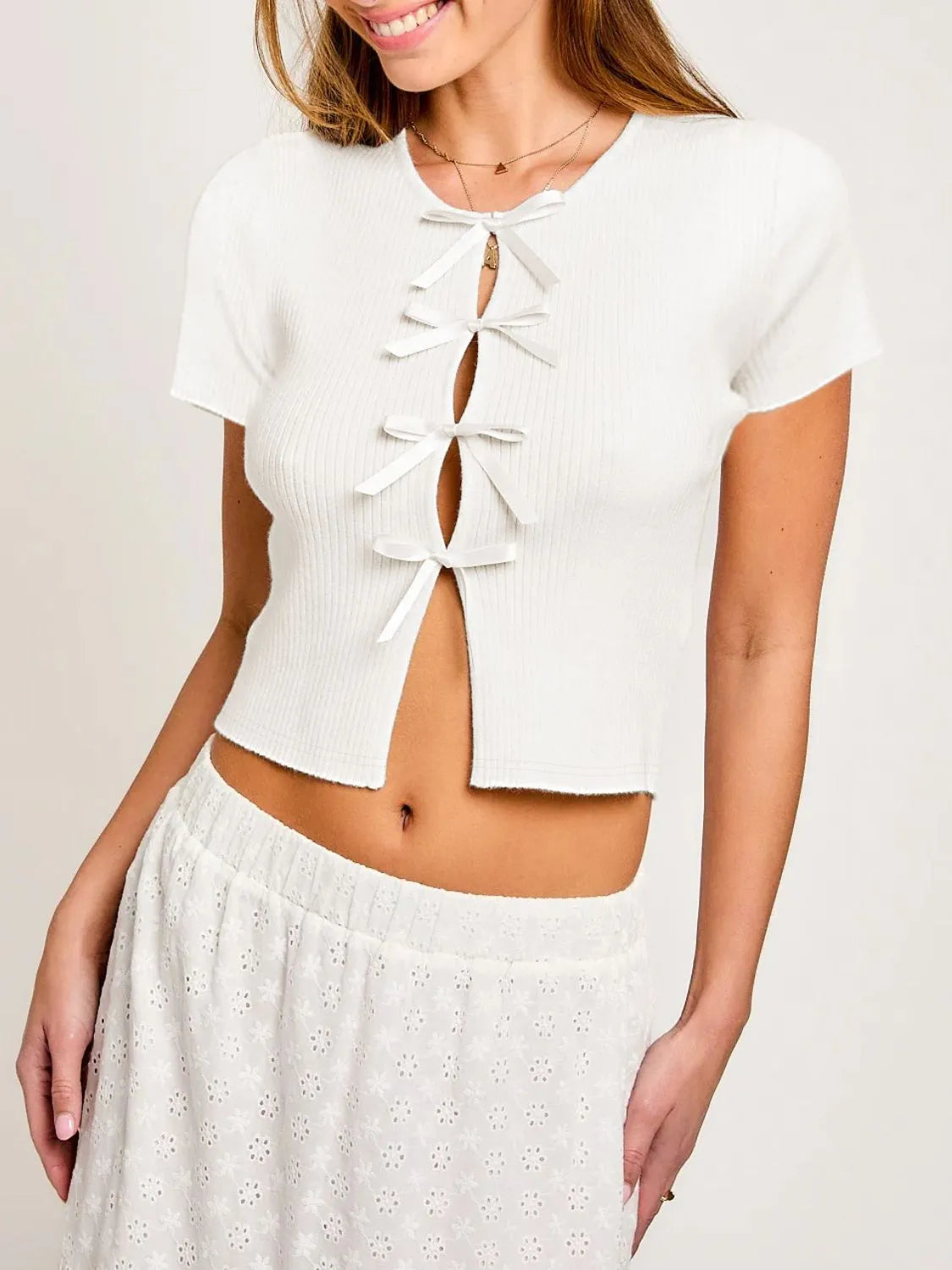 Bow Round Neck Short Sleeve T-Shirt