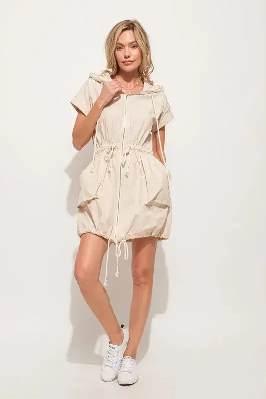And The Why Short Sleeve String Details Hooded Mini Dress - Clothes For Her Online Store