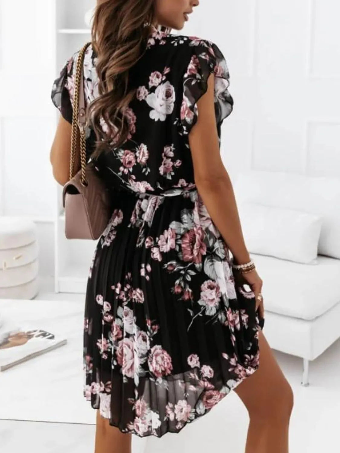 Floral Surplice Ruffled Cap Sleeve Dress